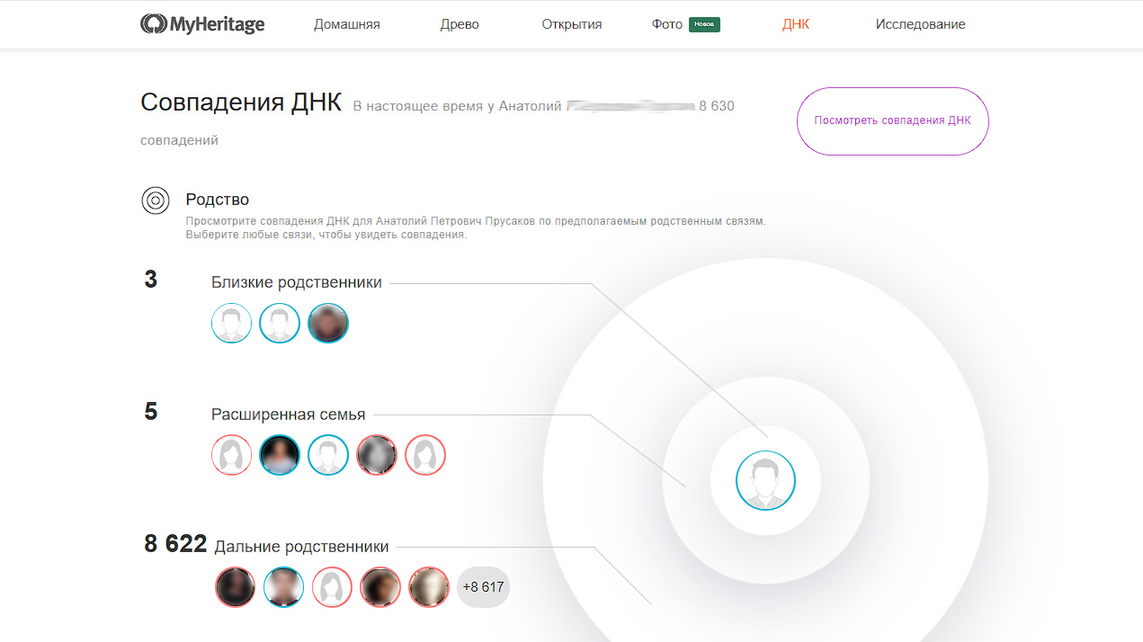Интерфейс сайта myheritage.com, раздел 'Совпадения ДНК'.